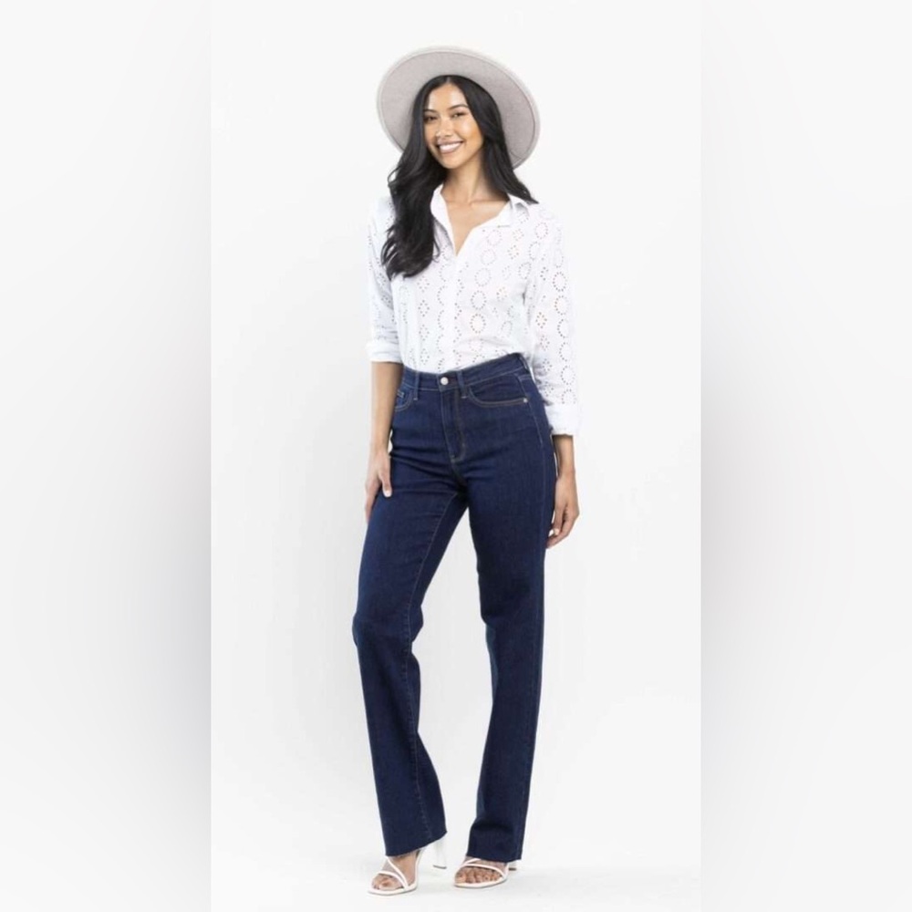 NWT Judy Blue Straight Leg Jeans 13/31 Blue Dark Wash High Rise Stretch Raw Hem - Picture 2 of 16